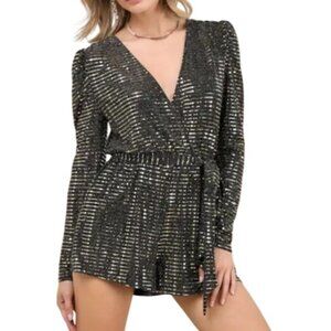 Lulus Bettie Gold Metallic Long Sleeve Romper 2" Inseam Size S